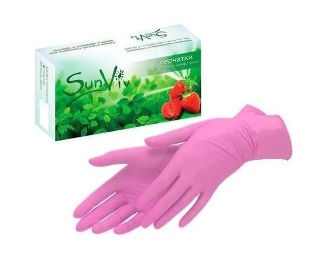 Перчатки S нитриловые SunViv 100 шт, розовые